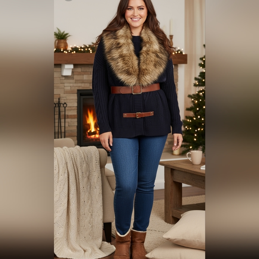 NWT Forever 21 Faux Fur Trimmed Navy Sweater Poncho/